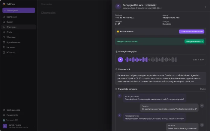 Detalhe da chamada com resumo e agendamento criado
